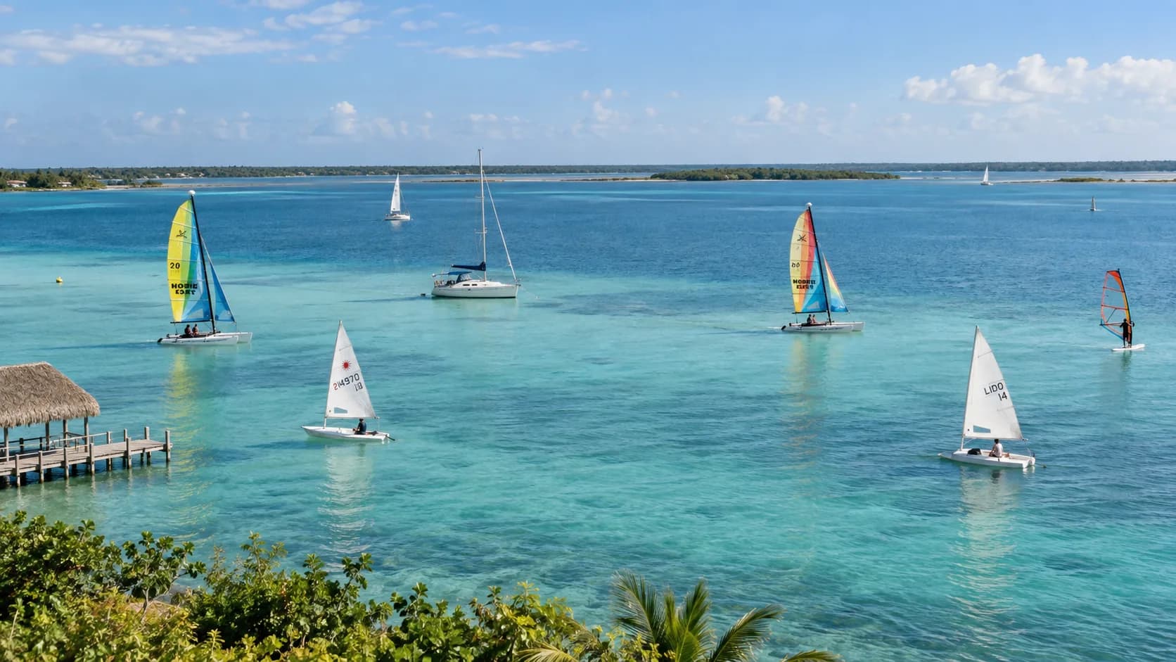 Un voilier de l'école en navigation sur la lagune de Bacalar