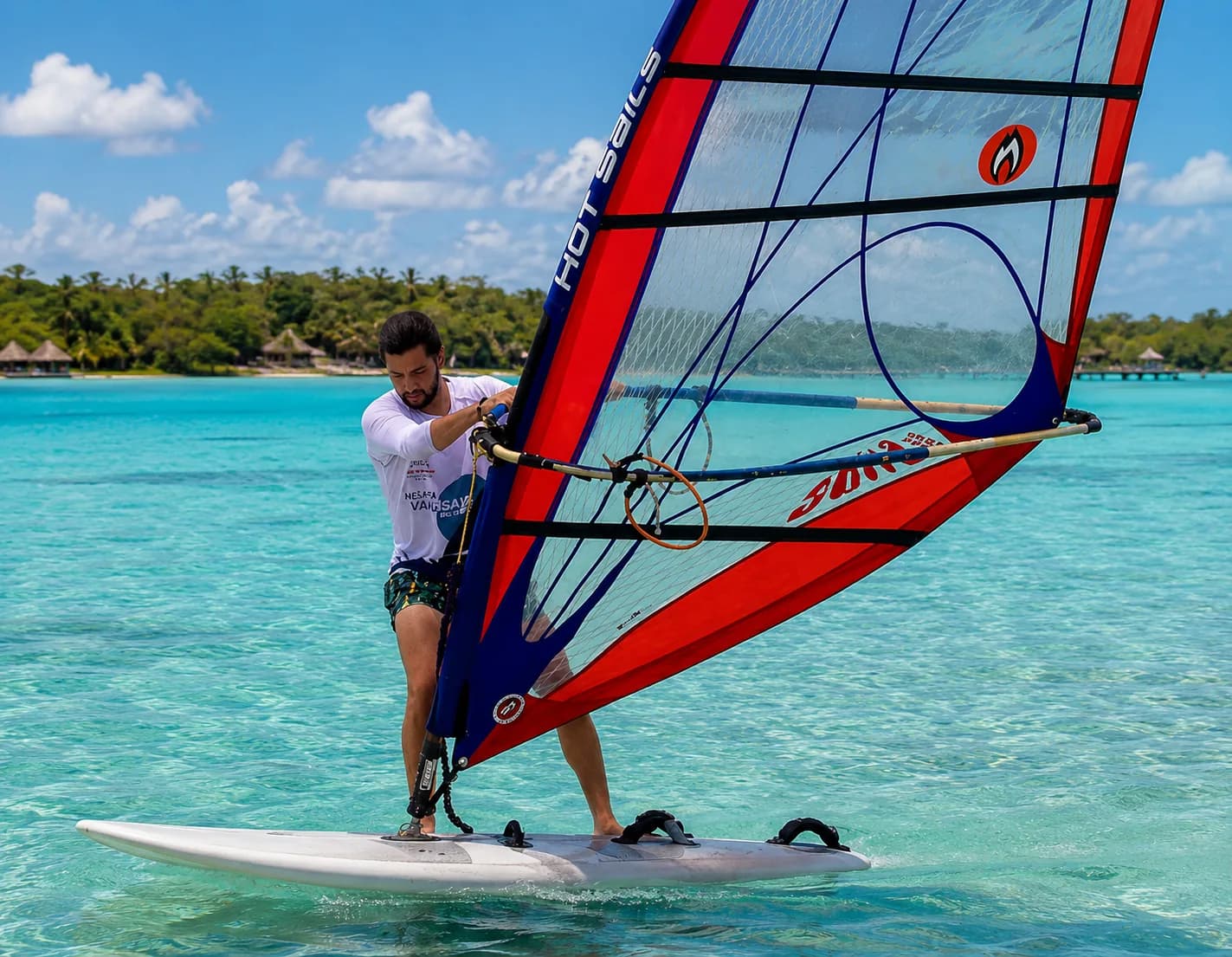 Windsurfer under way on Bacalar Lagoon