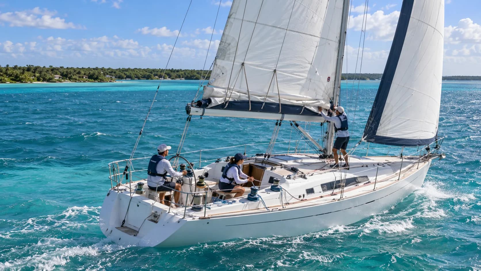 Crew reefing and working the winches in strong wind in Bacalar