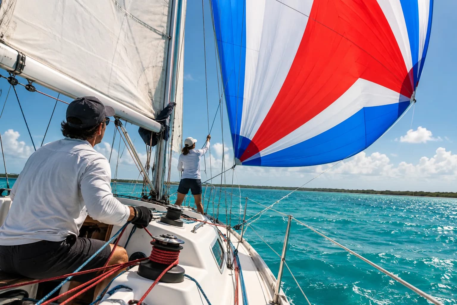 Sailboat running under spinnaker on the Bacalar lagoon